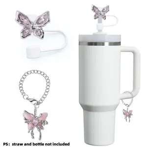 Butterfly Design Water Bottle Decorative Chain, 2 Counts/set Water Bottle Straw Cover & Chain, Outdoor Water Bottle Decorative Accessories