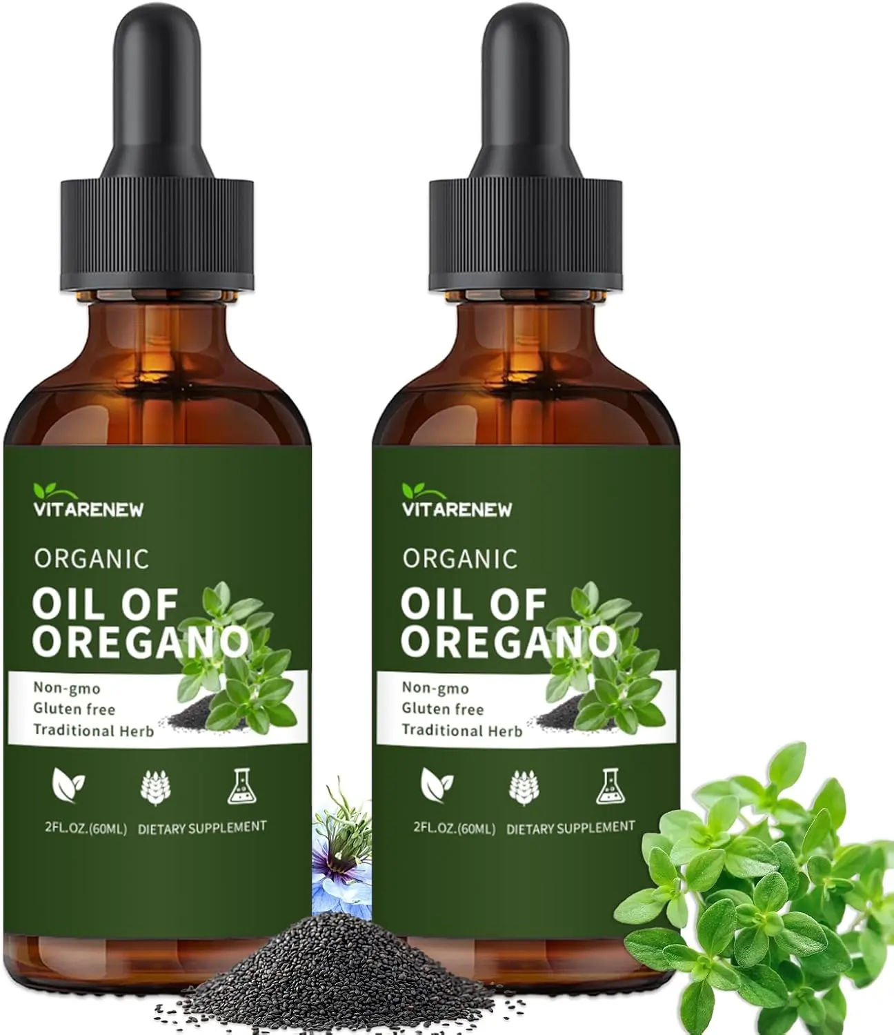 Organic Oregano Oil Drops 80% Carvacrol | Black Seed Oil & Vitamin E | Immune & Gut Support, Vegan 2-Pack Healthcare Natural