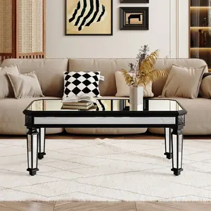 Silver Mirrored Coffee Table, Black Vintage Carved Wooden, Rectangle Glass Tea Table with Mirrored Finish, Modern Center Table for Living Room and Office (24" D x 48" W x 18" H)