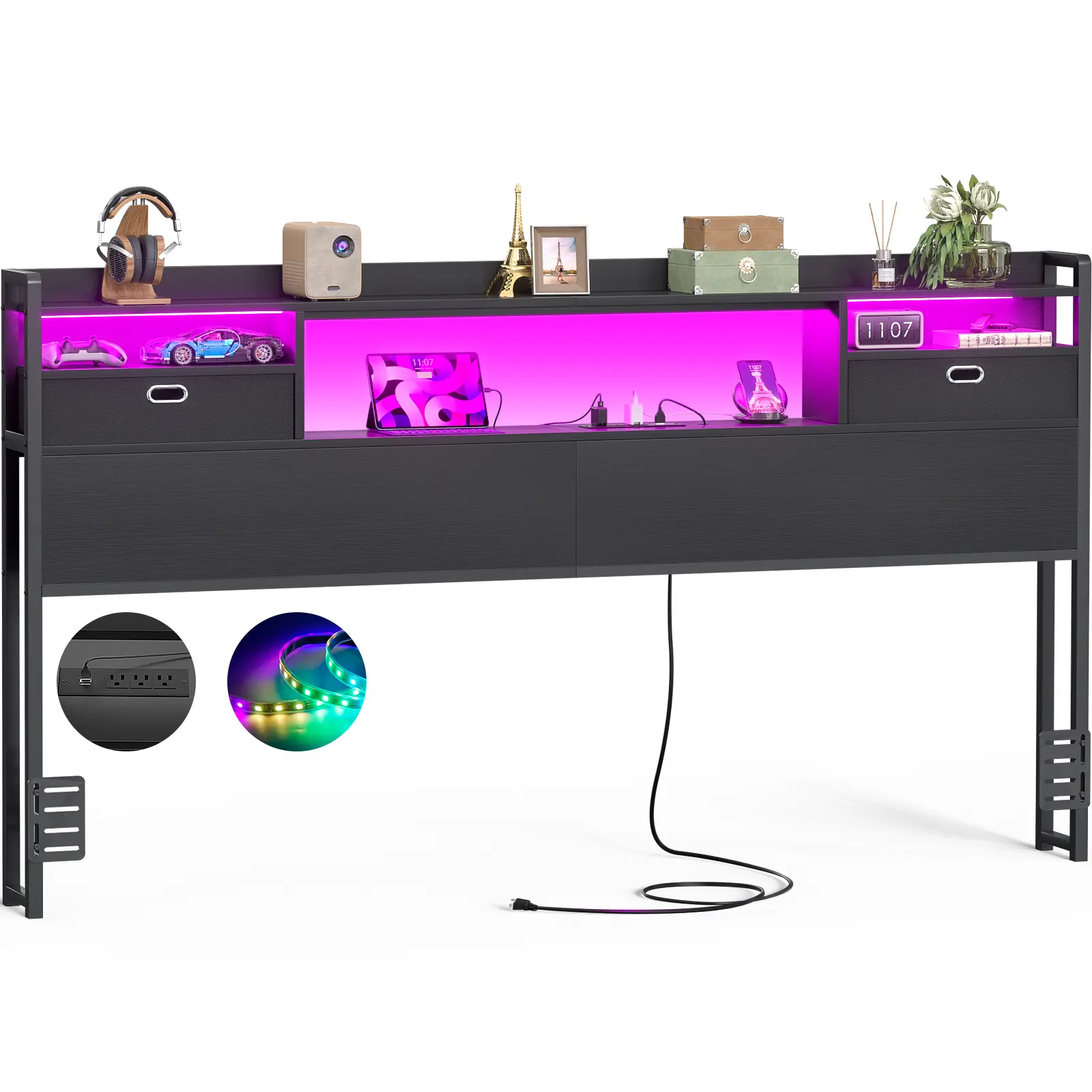 Homieasy King Size Headboard with Drawer Storage and LED Light, Wood Headboard Only with Power Outlet and Bookcase,  for Bedroom, Dorm Room, Black