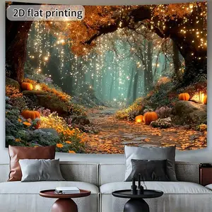 2D Flat Printing Polyester Indoor Backdrop Banner, Autumn Forest Golden Trees Fallen Leaves Pumpkins Design, Photo Backdrop for Thanksgiving, Halloween, Party Decorations Banners,summerwins