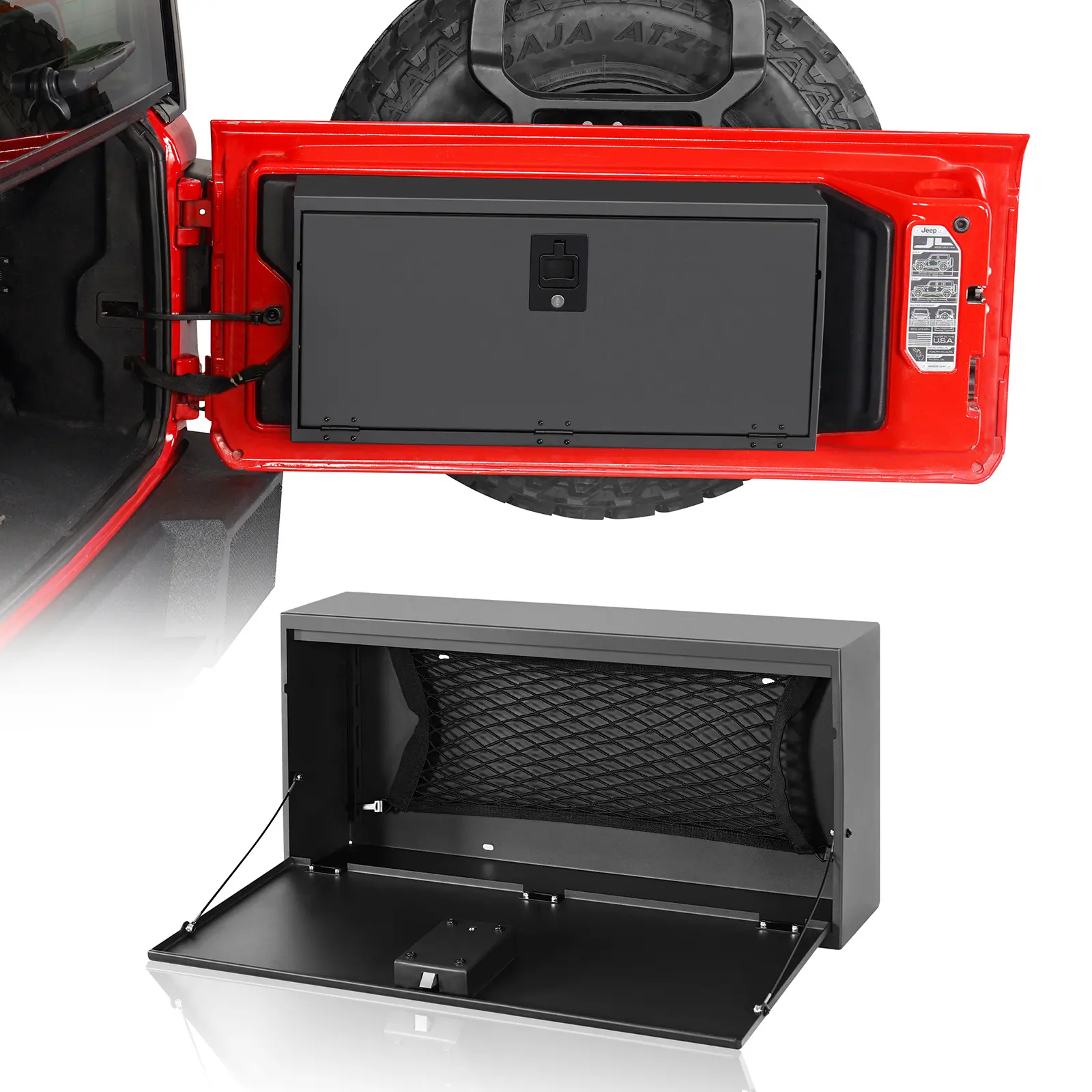 Hooke Road Steel Plate Powder Coated Tailgate Storage Lock Box - Vehicle-Specific Fit for 2018-2026 Jeep Wrangler JL, Car Organizers and Storage, 2300 Cubic In, 2×Keys, Work Table, Stores More Tools & Equipment, Supports Up to 40 lbs