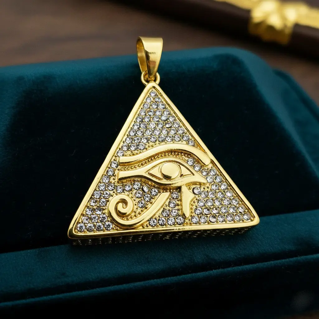 MaxBling81 Unisex Egyptian Horus Eye Pyramid Charm Pendant - 50x40mm Stainless Steel, Iced Cubic Zirconia, Polished Finish, Celebrity Style, Non-Tarnish Jewelry, Brand New, Daily Use, Egyptian Motif, Stylish Accessories, Gift Idea, Casual Wear, Street, Me