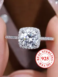 S925 Sterling Silver Ring, Geometric Square Design with Artificial Zircon Rings for Women, Casual Style, Elegant Ring, Stackable Engagement Ring, Solitaire Ring, Gift for Girls（with Box）