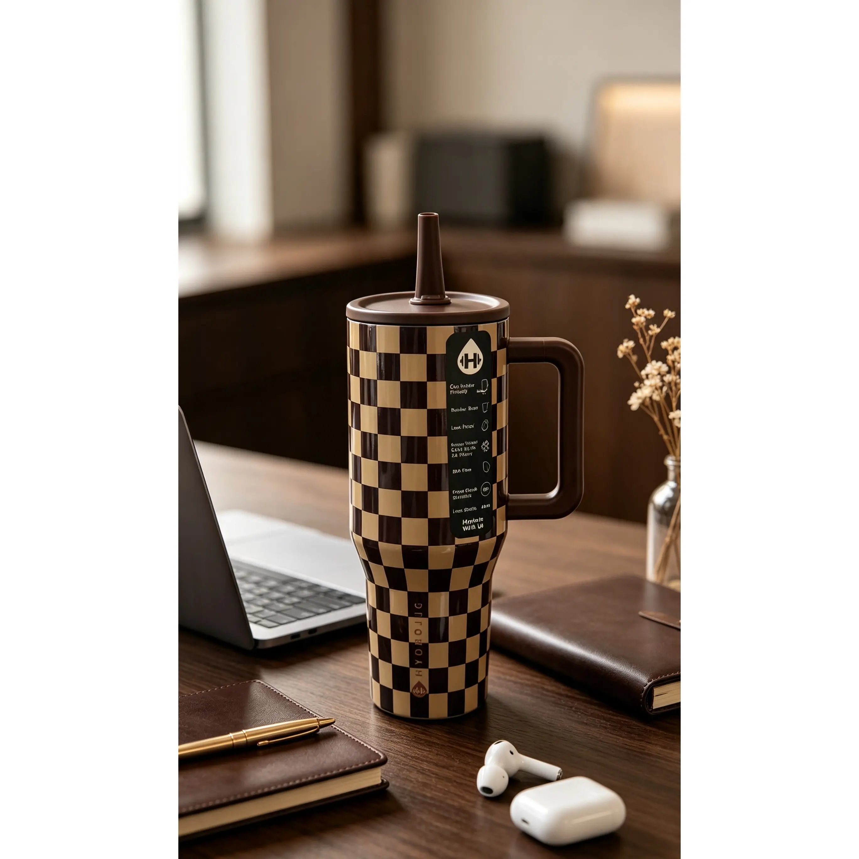 HydroJug 40oz Insulated Tumbler with Handle and Straw Lid, Checkerboard Pattern Stainless Steel Water Bottle, Keeps Ice 24 Hours, Leakproof, Fits Car Cup Holders, Large Drinkware for Camping, Gifts for Her