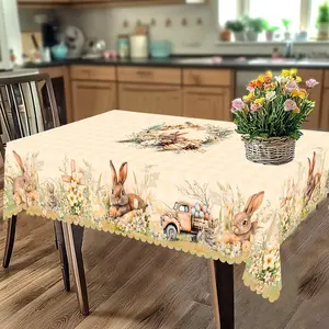 XEXSIN Easter Tablecloth, Golden Easter Table Cloth Rectangle/Round with Bunny and Easter Egg, Rabbit Print Kitchen Table Cover Suitable for Holiday Kitchen Dining Tables, Spring Outdoor Parties and Camping, Room Decor, Farmhouse Style Decor