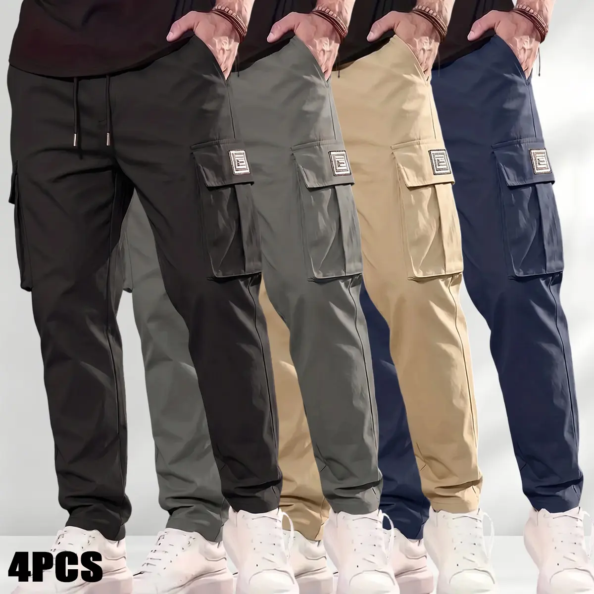 Men's Solid Tactical Cargo Pants with Elastic Waistband, Multiple Pockets, and Decorative Zipper for Outdoor Everyday Wear, Preppy, Athletic Performance Men's Pants