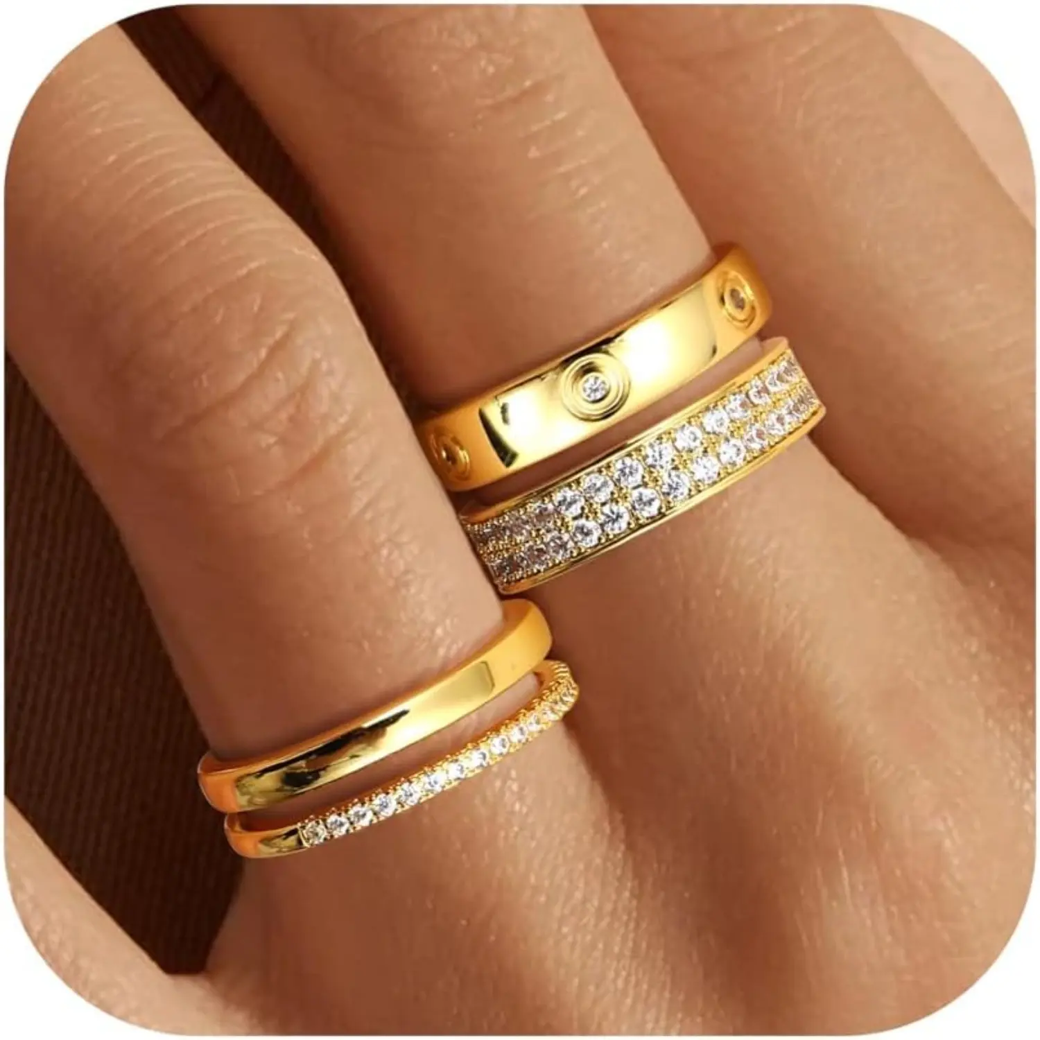 MILACOLATO 18K Plated Gold Dainty Stacked Rings Women Elegant Stackable Ring Sets for Women Gold Cubic Zirconia Thumb Rings Gold Silver Non Tarnish Wedding Bands Promise Stacking Ring Jewelry, Rings For Women, Us Sizes