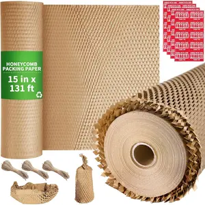 Honeycomb Packing Paper Bubble Wrap Roll 15" x 131' -  Bubble Cushioning Wrap for Moving,Shipping and Packing Supplies with 40 Fragile Stickers & 3  Ropes