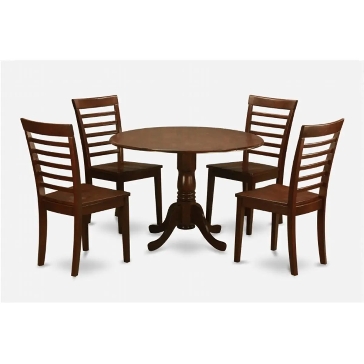 East West Furniture 5PC Solid Wood Round Dining Table with 2 Drop Leaves & 4 Ladder-Back Wood Grain Chairs, Mahogany Finish, Indoor Kitchen Furniture, Four Chairs
