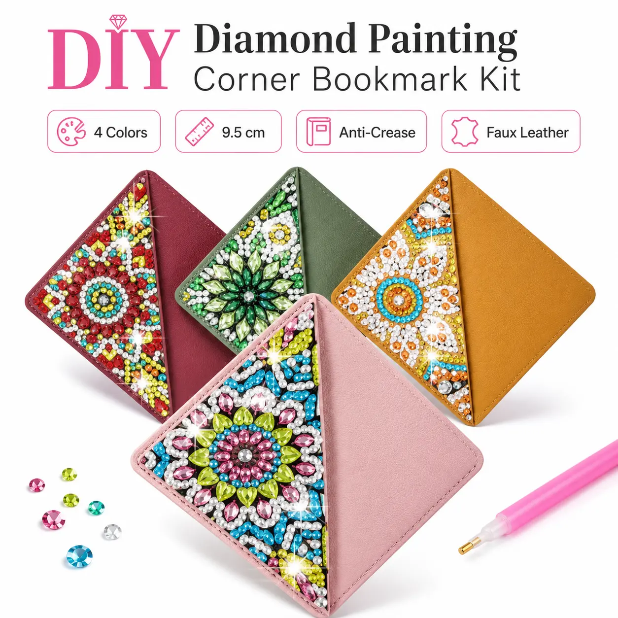 4PCS DIY Diamond Painting Leather Corner Bookmark Furnishing Kit, 9.5cm Anti-crease Book Page Accessory, Mandala & Minnie Handcraft Stationery for Students & Book Fans