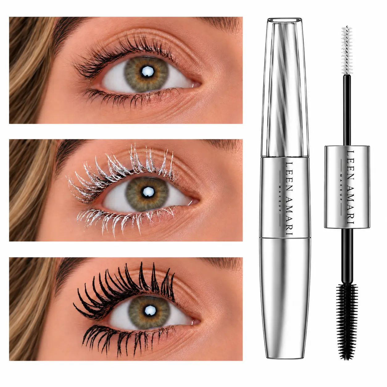LEEN AMARI Lash Cocktail Bold Black Duo - Dual-Ended Long-Lasting Volumizing & Lengthening Mascara Tube, Black Mascara + White Primer Gel, 2-Step Hypoallergenic Eyelash Makeup (Apply Primer First) for Lifted, Defined Lashes