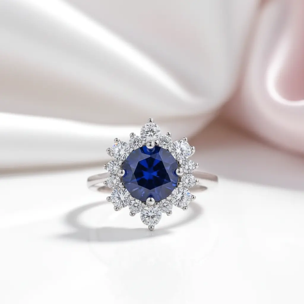 Snowflake Design Round Cut Blue Sapphire Engagement Ring