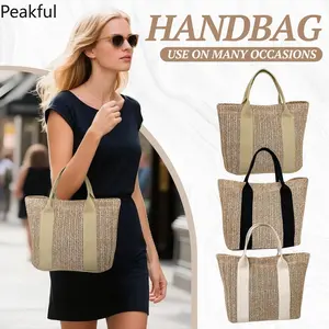 Viral Large Straw Woven Tote Bag, Fashion Bohemian Beach Shoulder Purse, Natural Rattan Summer Handbag with Contrast Handles, spacious design & durable construction, ideal for shopping trips, weekend getaways and tropical vibes