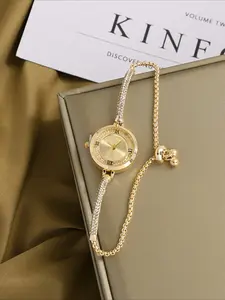 1pc Ladies' Quartz Wrist Watch, Diamond-Encrusted, Fashionable & High-End, Small Round Dial, Delicate Bracelet Band, Suitable For Daily Life, Gift For Couples, Mother's Day, Quartz Analog Watch