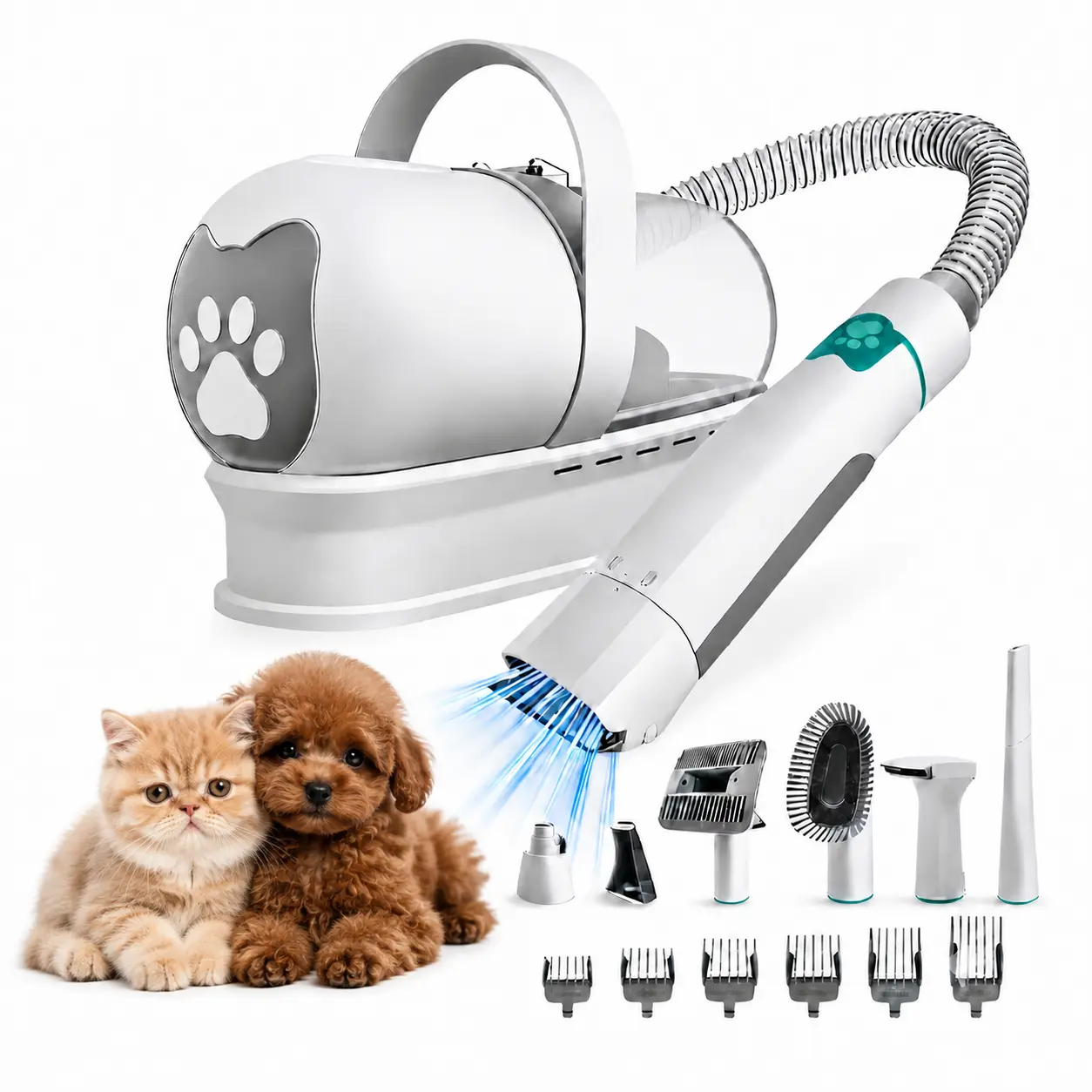 7-in-1 Universal Dog Grooming Kit Bundle with Hair Vacuum Function, Pet Clipper Set, Paw Hair Shears, Nail Polisher, and 6 Trimming Tools