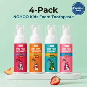 NOHOO 4-Pack Kids Foam Foaming Toothpaste Toddler Training Fluoride Free Mousse Oral Care 4 Fruity Flavors Strawberry Peach Orange Cantaloupe U-Shaped Brush Daily Care