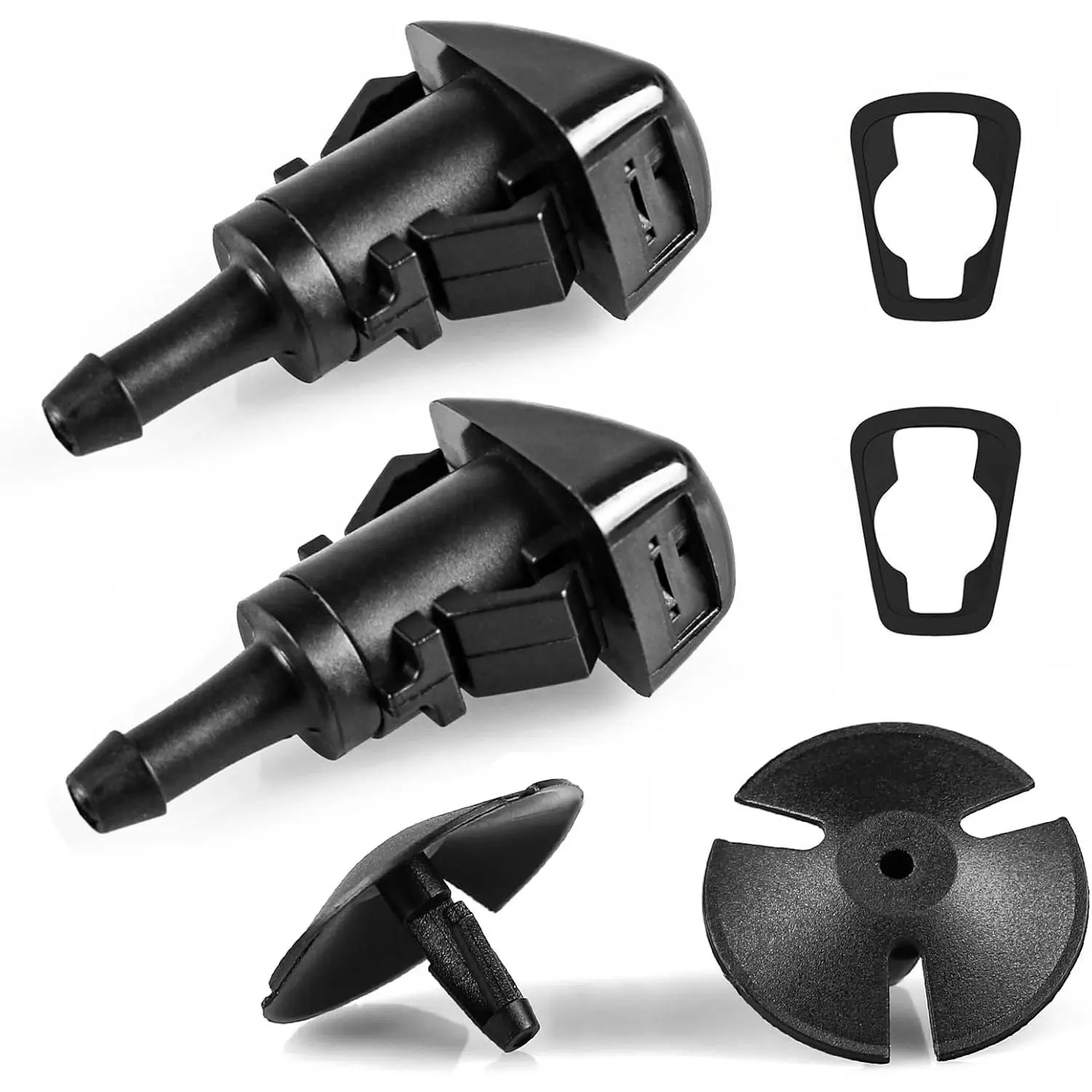 2-Pack Windshield Washer Nozzle & 2 Hood Insulation Retainers Kit with Gasket - Includes Retainer, Fits 2001-2010 Chrysler PT Cruiser, Jeep, 2012-2015 Ram C/V, Replaces OEM# 5113049AA, 4805742AB, 4805742AC, 55077460AA
