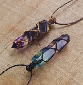Natural Rainbow Fluorite Crystal Single Point Pendant - Adjustable Healing Crystal Chakra Pendant Necklace