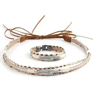 2 Pcs Western Hat Band with Cuff Bracelet Set PU Leather Metal Leaf Turquoise Cowgirl Belt Decorative Cowboy Hat Fedora Panama Strap Replacement for Women Men, Silver