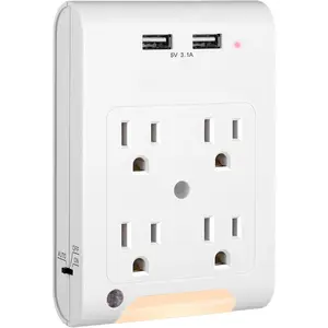 F-PSP03 4-Outlet Extender, Wall Outlet Adapter with 2 USB Ports(3.1A Total), Light Sensor Night Light, 1080 Joules Surge Protector, ETL Listed, White