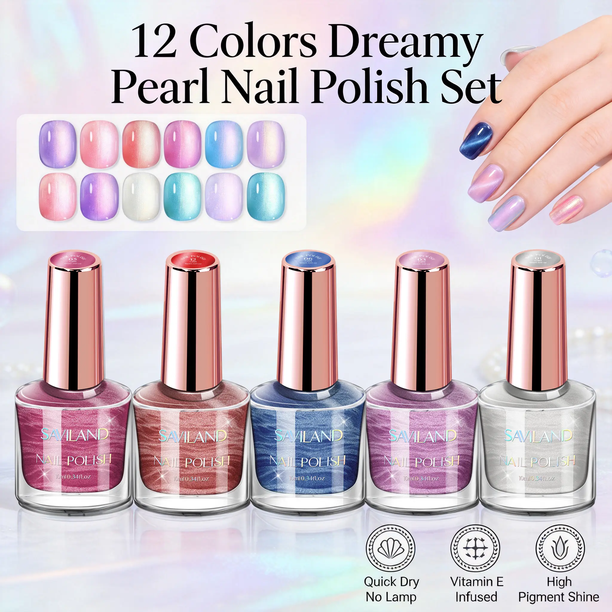 SAVILAND Aurora Nail Polish Set – 12 Stunning Shimmer & Holographic Shades (Glossy, Pearl, Duochrome) with Quick-Dry Non-Gel Formula, Base & Top Coat. Ideal for Salon or DIY Manicures, Pedicures, and Nail Art