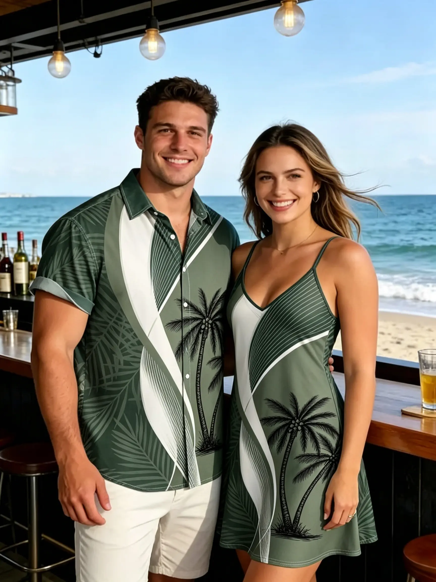 DRESSLILY Couples' Chic Casual Matching Set - Women's Sleeveless Retro Leaf Print High-Waisted Maxi Dress, Men's Short-Sleeve Button Shirt (M, L Sizes) with Polyester Fabric, Stylish Fit