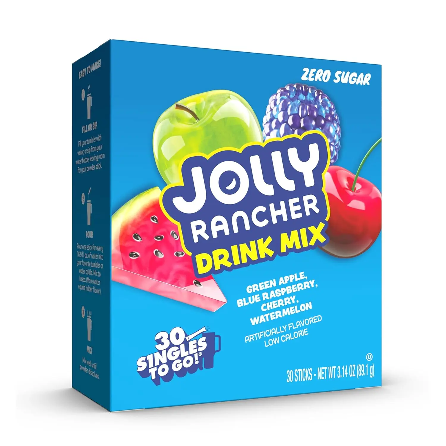 Jolly Rancher Singles To Go Variety Pack, Powdered Drink Mix, Zero Sugar, Low Calorie, Includes 4 Flavors: Green Apple, Blue Raspberry, Cherry, Watermelon, 1 Box (30 Single Servings)