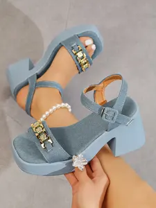 Ladies' summer fashionable denim breathable and comfortable high-heeled sandals, single strap and metal chain sandals, retro square toe elegant thick soled sandals, Classic, Breathable Platform Sandals