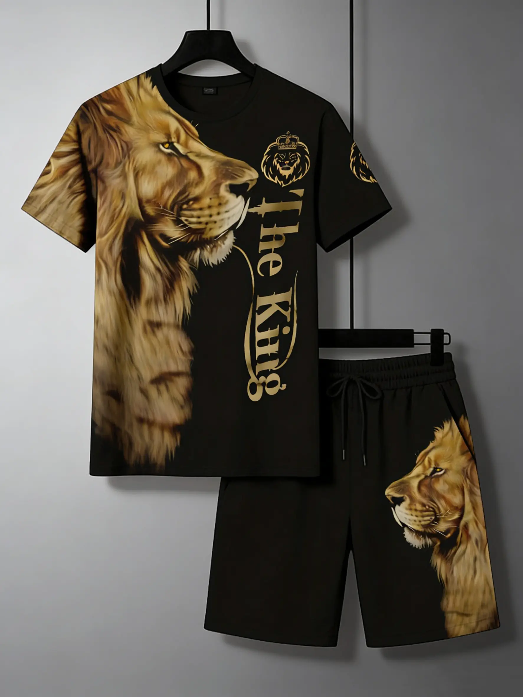 Hot Selling Men's Lion Print Sports Set, Breathable Print Casual Wear, Polyester Knit T-Shirt and Shorts Set Clothes Round Neck Shortsleeve Menswear