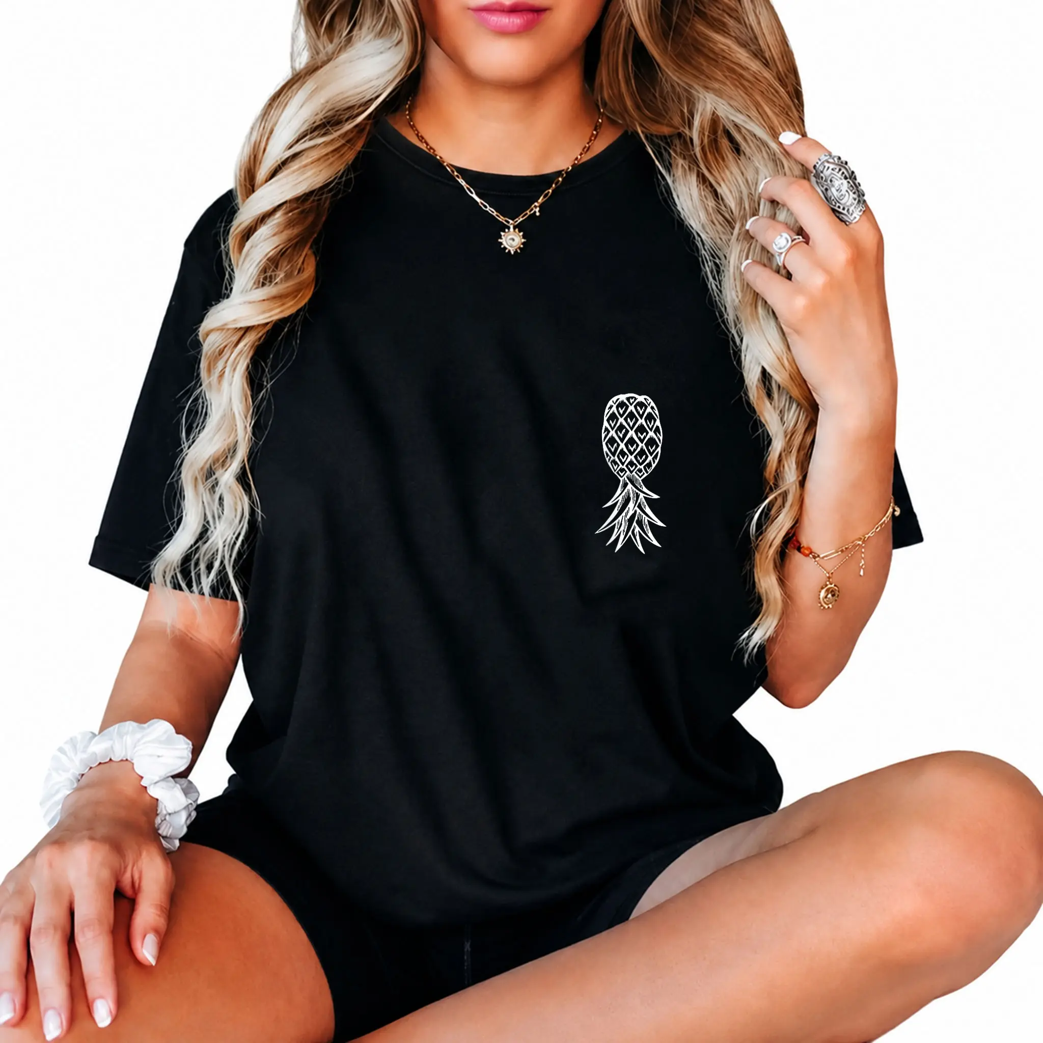 Women's 100% Cotton Pineapple Graphic T-Shirt - Casual Everyday Tops for Subtle Swinger Lifestyle, Tshirt, Pineapple Graphic Women's T-Shirts, Funny Vibes, Round Neck, Vintage, Cartoon Pineapple Women's T-Shirts