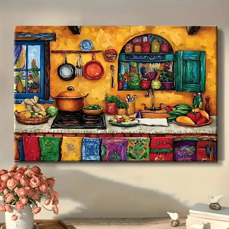Colorful Mexican Cocina Still Life 1-Piece Printed Canvas Wall Art - Eclectic Farmhouse Rustic Graphic, Vibrant Southwestern Decoration for Kitchen, Restaurants, Latinx Home Enthusiasts, No Window Mount Needed, Home Decor Supplies