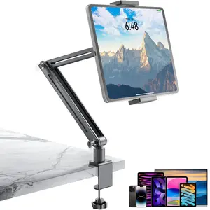 Adjustable Tablet Mount For Desk - 360 Degree Rotating Base Tall Arm Holder Stand Swivel Flexible Clamp Fit For 4.7 inch - 12.9 inch Tablet Stand Holder