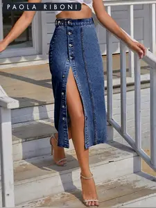 Women's Plain Button Front High Waist Denim Skirt, Fashion Casual A Line Midi Denim Skirt for Daily Outdoor Wear, Ladies Bottoms for All Seasons