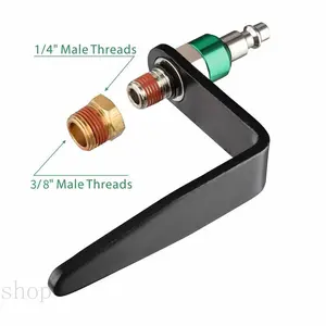 Pneumatic tool hook with 1/4" NPT and 360° rotatable design. These L-shaped air rafter hooks are lightweight, quick, and easy to install. Compatible with air blow guns and pneumatic nail guns. Features brass joints. Sold as 1 piece.