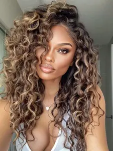 13x4 Lace Front Wig with Highlights — Deep Wave Human Hair Wig, 200% Density, Ombré Design, Pre-Plucked Hairline with Baby Hairs, Curly Style, Glueless Wear, Designed for Women.