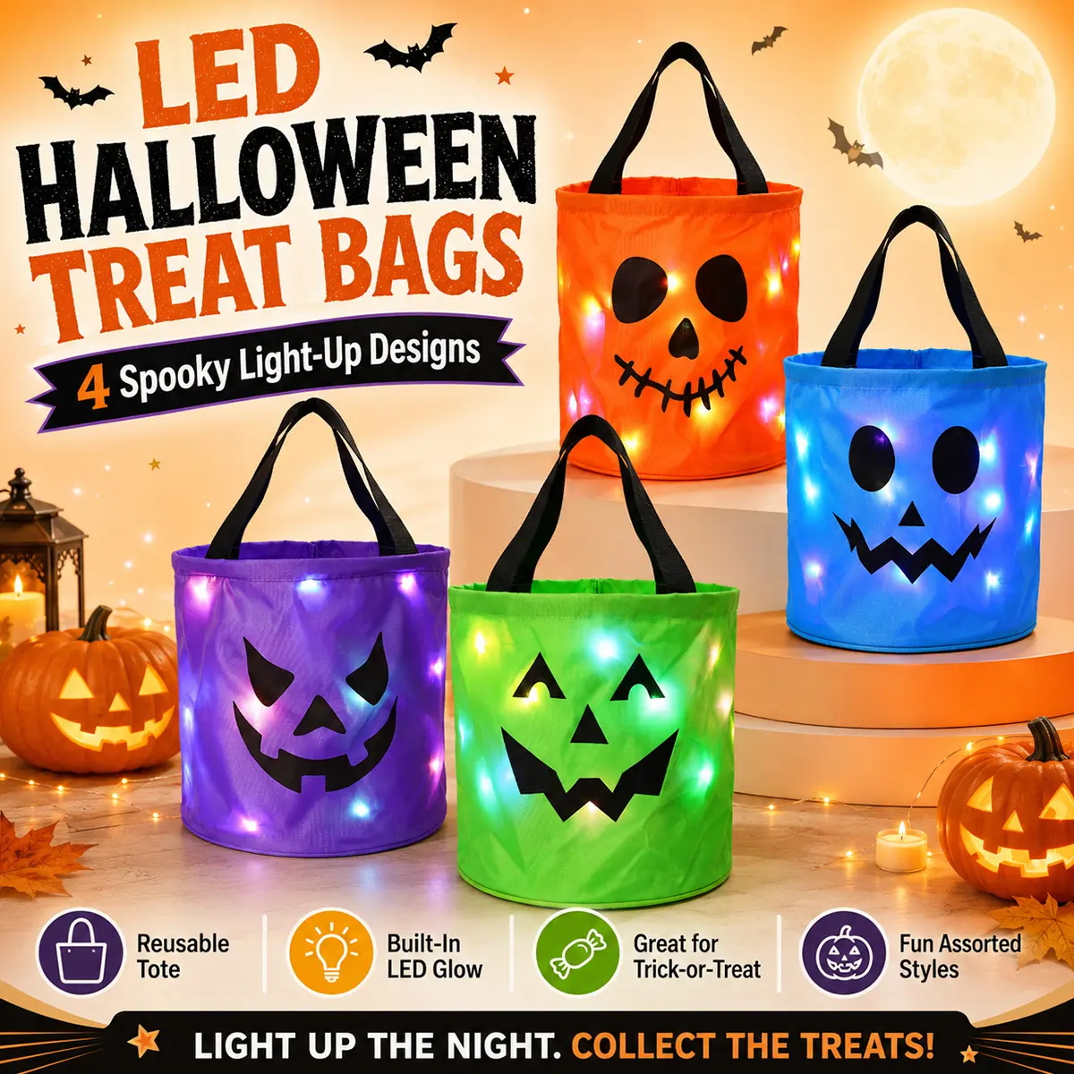 3/4 Pcs Halloween Candy Bucket with LED Lights Non Woven Gift Bags Trick or Treat Bags Pumpkin Candy Bags Reusable Tote Bags for  Kids Students Adults, Night Light Bags for Home Garden Lawn Decorations, Halloween Birthday Christmas Party Favor Supplies
