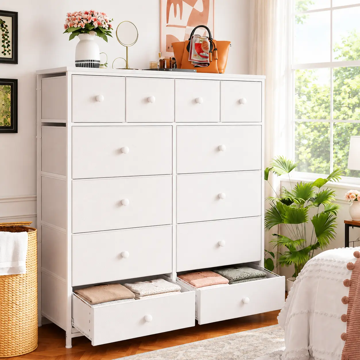 Raybee 12 Drawer Fabric Dresser, 40" Tall Storage Tower, Wide 18" Drawers & Wooden Top, Lightweight, Easy Assembly, Space Saving Closet Organizer for Apartments, Dorms, Bedrooms, Entryway, Leggings, Activewear, Cosmetics, Skincare, #DormLife #StorageHacks