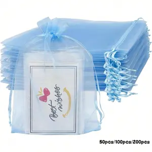 Light Blue Organza Gift Bags, Gift Packaging, 200/100/50 Pieces, 10x15cm, Drawstring, Random Colors, Ideal for Weddings, Parties, Retail Stores, Supermarkets
