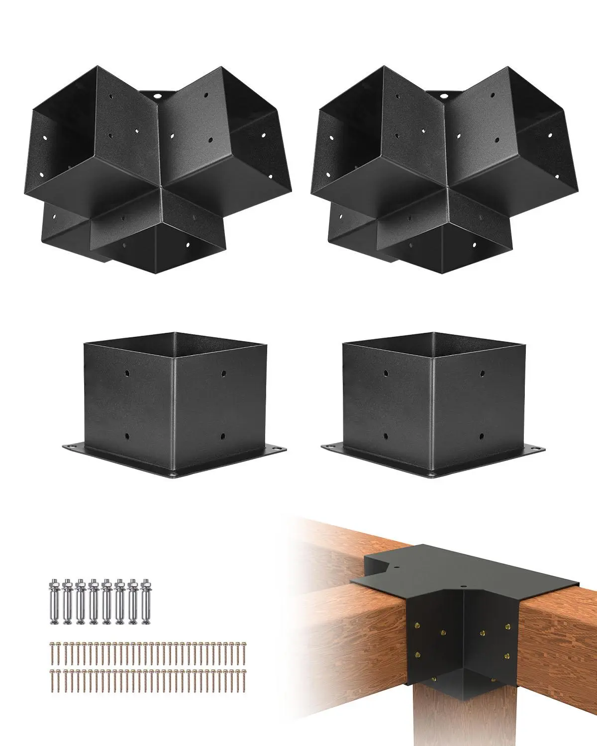 VEVOR 2 x Post Base Brackets, Carbon Steel 4-Way Heavy Duty Pergola Bracket Kit, Inner 5.5x5.5 in (Fits 6x6 in Posts), Built-In Sunshade Holes, Corrosion Res., Easy Installation, Screws Included, Woodworks DIY for Gazebos, Patio