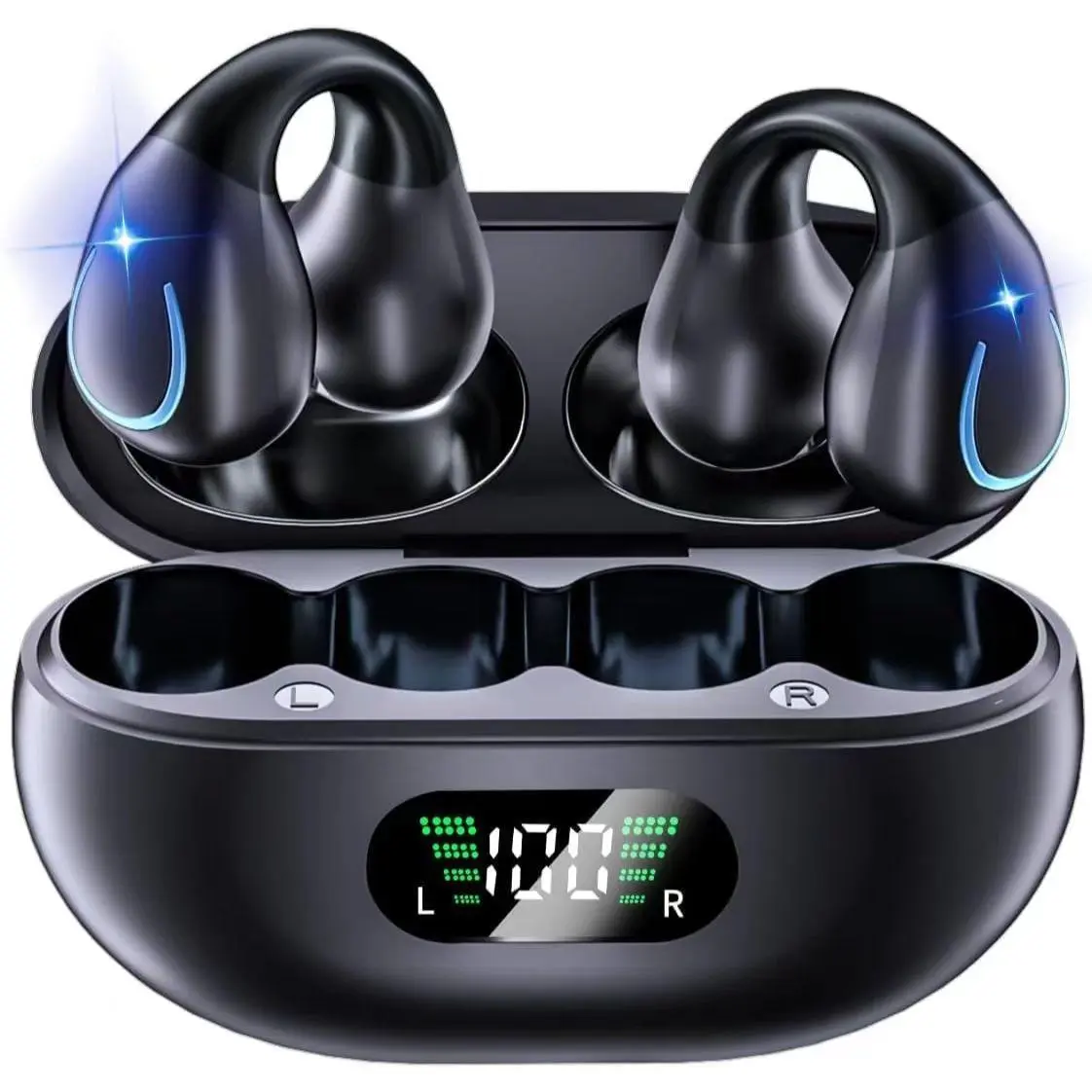 True Wireless Headphones, Clip-on Design Earbuds with Digital Display Charging Case, IPX7 Waterproof Sports BT 6.1 Noise Reduction Earphones for Running, Gym, Workout