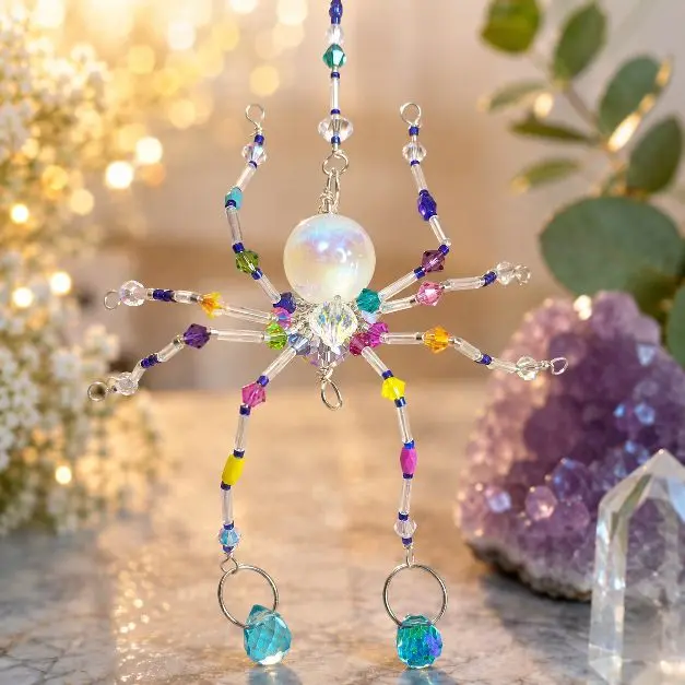 Handmade One of a Kind Beaded Rainbow Spider Ornament Suncatcher Window Charm with Colorful Beads and Crystal Accents