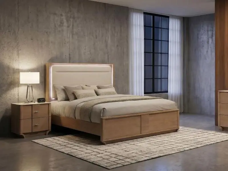 Coaster Home Furnishings Queen Bedroom Combo Set (Model 223131Q-S4) - 4-Piece Leanne Set with Light Oak Wood Finish, LED-Lighted Headboard, Nightstand, Lights for Bedroom Decor