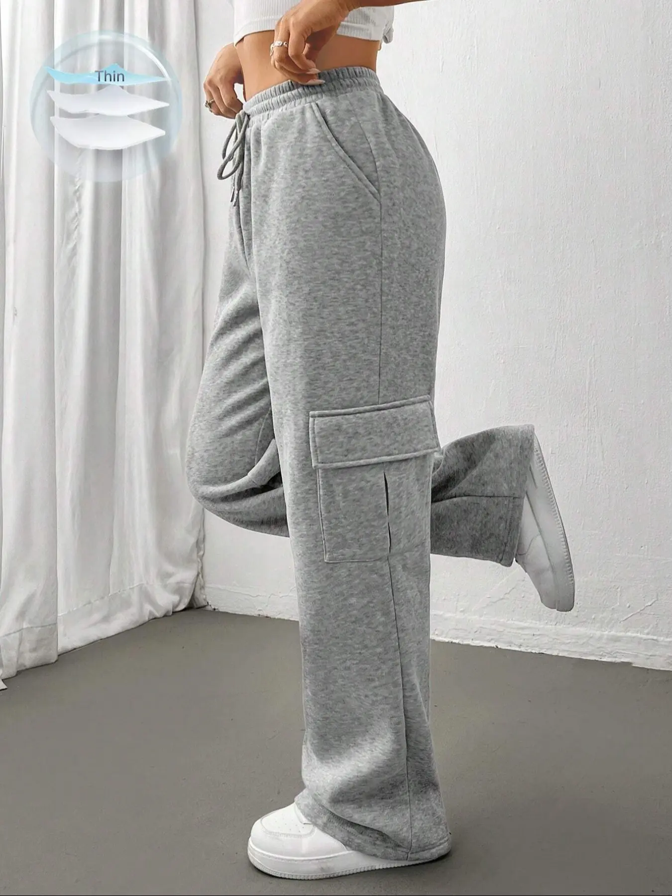 Workwear Pants, Unique Adjustable Drawstring High Waist Wide Leg, Large Pockets Basic Casual Slim Fit, American Cool Street Style Sportswear, Casual Loose Fitted, Loose, Baggy, Women, Womenswear