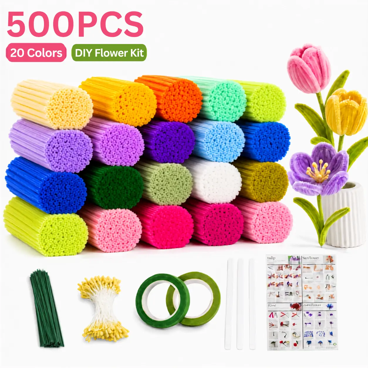 500 Chenille Stems 20-Color Pipe Cleaner Flower Kit - DIY Fake Flowers Supplies with Floral Tape, Wire, Stems, Glue for Beginners, Bouquet Decorations, DIY Bouquet Arrangement Projects,familyfun
