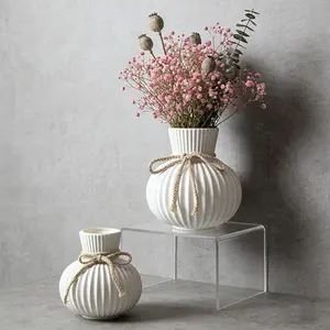 1PC/2PC Cream White Ribbed Vase with Jute Bow, Ceramic-Look Plastic Vase, Unbreakable Farmhouse Decor for Table Centerpiece, Boho Home Decor, Ins Style Faux Flower Vase, Single Vase