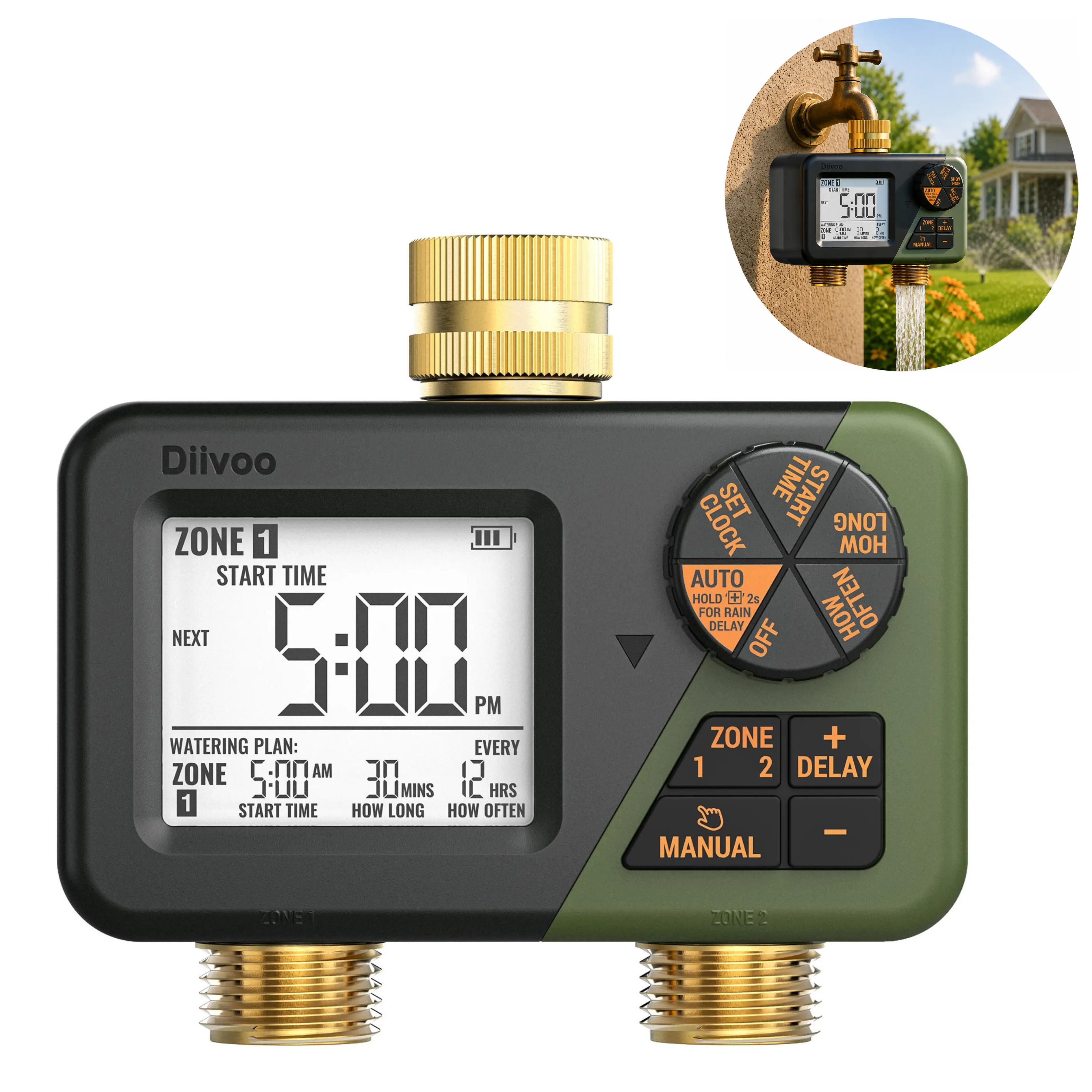 Diivoo Brass Sprinkler Timer 2 Zone, IP67 Waterproof Programmable Water Hose Timer 2 Outlet with Large Display, Rain Delay & Manual Watering for Outdoor Automatic Irrigation of Garden, Lawn, Yard