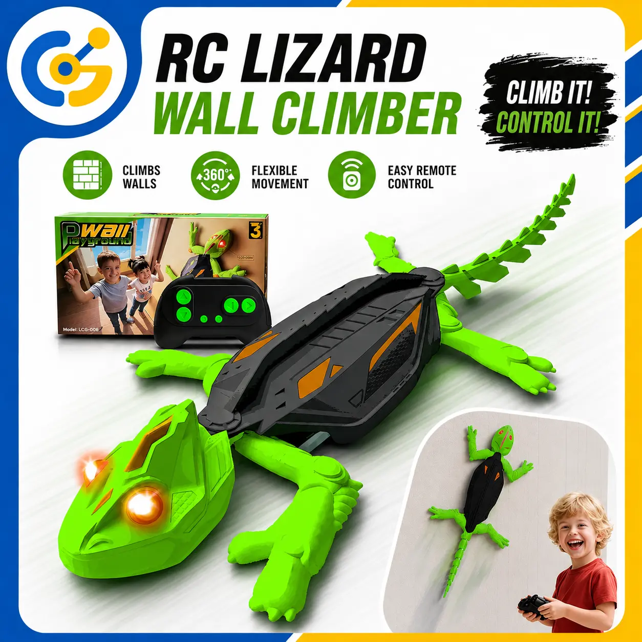 Remote Control Wall Crawler Gecko Toy - Electric Lizard with LED Glowing Eyes, 360° Spin, Rechargeable, Dual-Mode Functionality, STEM Tech Gift for Boys 3+ Ages 6-12 That Encourages Imaginative Play & Enhances Creativity