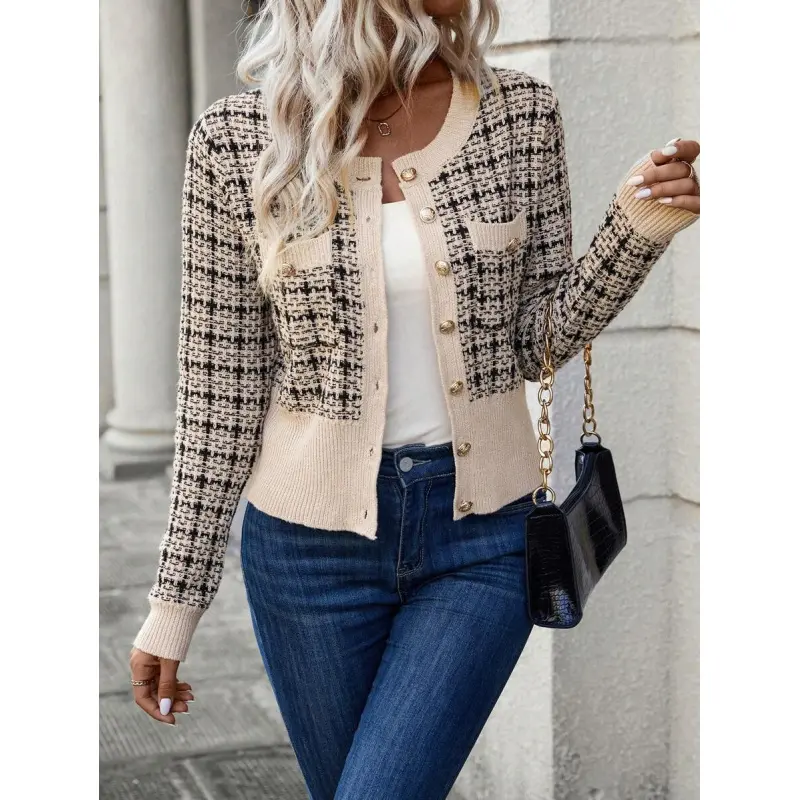 Plaid Pattern Flap Detail Button Front Cardigan,Long Sleeve Tops Fall Winter Cloth For Women