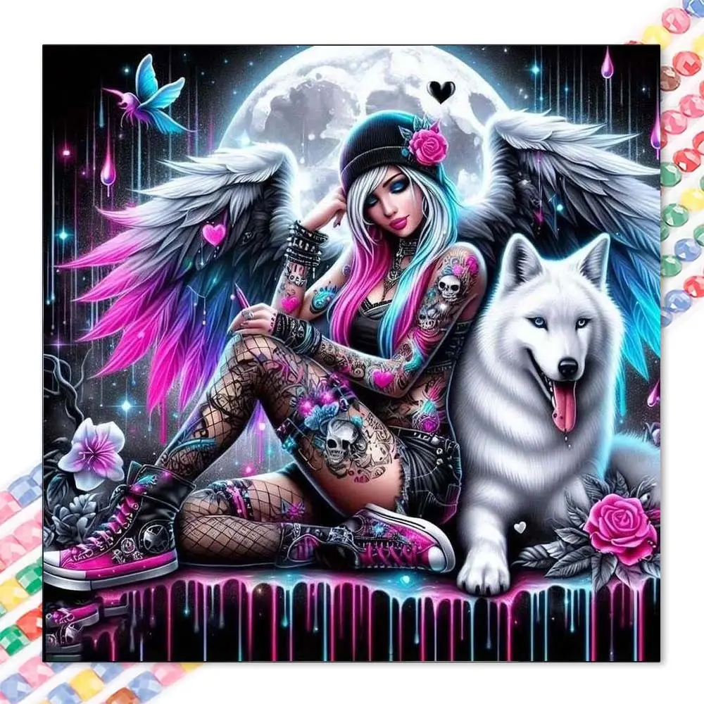 1 set of DIY diamond painting kit, 5D diamond art kit, DIY decorations wings, white wolf, full moon mosaic, diamond art, DIY art home decoration, Handicraft